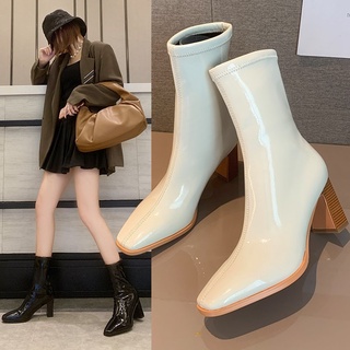 botas de tubo medio blanco para mujer verano 2021 nuevo pequeño grueso y delgado tacón británico estilo británico elástico botas de chelsea