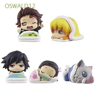 OSWALD12 figura de PVC juguetes versión Q adornos de muñeca Anime Demon Slayer Tanjirou durmiendo Inosuke Kimetsu no Yaiba Giyuu 5 unids/set figura modelo