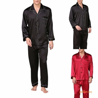 dq 2 piezas conjunto de ropa de dormir, cuello de turn-down de los hombres de manga larga tops+largo