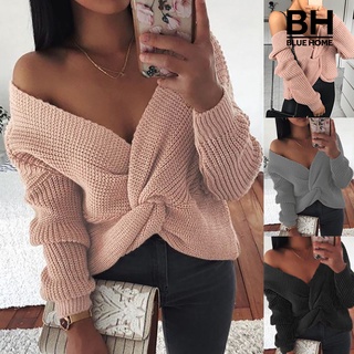 BH Women Knot Criss-cross V Neck Long Sleeve Jumper Loose Knitted Sweater Pullover