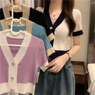 CLEVER Women Patched V-Neck Knitted Thin Sweaters Cardigans Lady Vintage Crop Tops Female