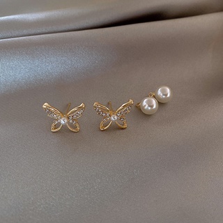 Moda exquisita mujer 14K oro amarillo mariposa blanco zafiro diamante pendientes de perla blanca pendientes de tuerca para boda compromiso fiesta joyería regalos