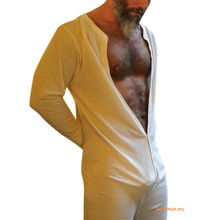 JOP7-hombre Sexy de una sola pieza pijamas de Color sólido manga larga botón peleles ropa de dormir