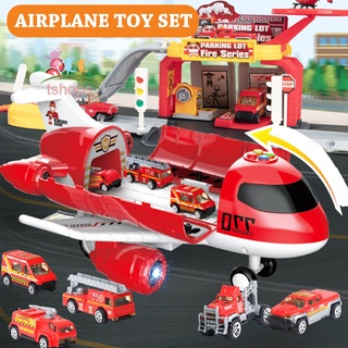 iluminación musical portador de avión de juguete con coche de juguete y señal de carretera de transporte grande contenedor de aviones con auto eyector para niño