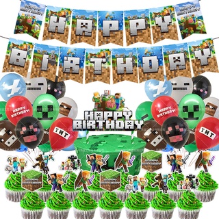 64pcs Minecraft Pixel juego tema Steve Creeper fiesta de cumpleaños decoración conjunto bandera torta Topper globo niños fiesta de cumpleaños necesidad
