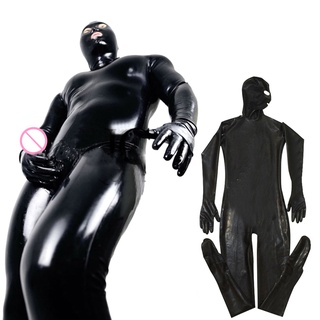 qinfuh Sexy hombres de manga larga de cuero sintético completo body ropa de club disfraz para juego de rol