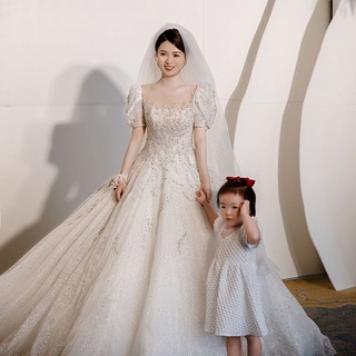 Vestido de novia principal francés 2021 nueva novia manga de burbuja pequeño hombre ligero de lujo de alta calidad gran (1)