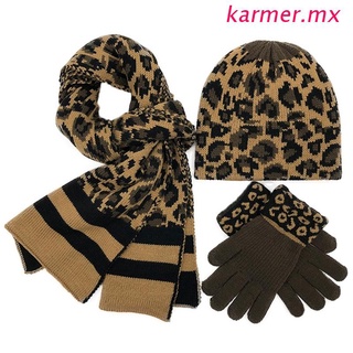kar1 niña mujeres leopardo impresión sombrero bufanda guantes bufanda sombrero conjunto de invierno caliente guantes (1)