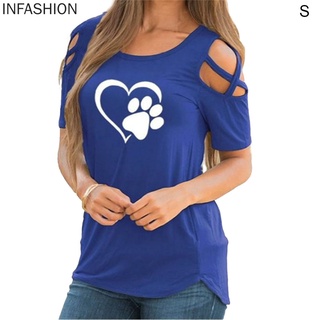 Camiseta de mujer impreso hombro fuera superior cuello redondo manga corta blusa, azul, S