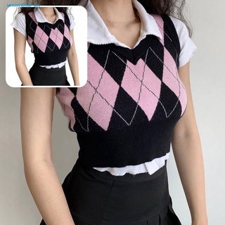 wnsenbem Women Student Vest Rhombus Plaid Pattern Sleeveless Pullover Knitted for Daily Wear