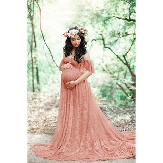 Mujer encaje manga corta una pieza vestido largo embarazada fotografía vestido de maternidad para sesión de fotos