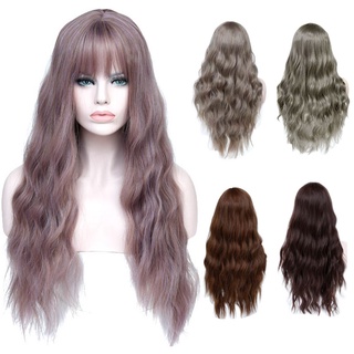 Pelucas de pelo de Color de mezcla larga de 27 pulgadas con flequillos resistentes al calor pelucas rizadas sintéticas para mujeres