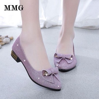 ☌♣Summer women s single shoes pointed toe thick heel women s shoes elegant bow women s shoes shallow mouth flat peas shoes breathable work shoes