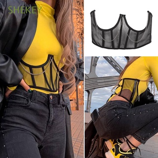 SHEKEY godo Modelador de cintura Clásico Faja moldeadora para mujer Corsé negro Cadena de metal Punk Malla Ver a través de Harajuku Corsés de cintura alta