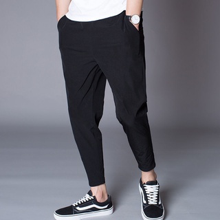 【shengwofu.mx】Spot Summer Thin Ice Silk Cropped Pants Men's Casual Pants Trend9Skinny Pants Youth Harem Pants Male Ankle-Tied
