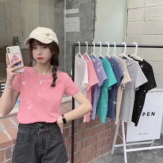 Women Clothes Shiny T-Shirts Short Sleeve Tops Solid Color Slim Fit Short Version Slim T-shirt Basic Korean Style Top Quality (6)