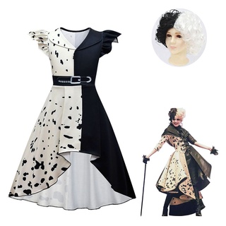 In Stock kids Girls Cruella Cosplay Costume Dress Wig Outfits Halloween Carnival Suit (1)