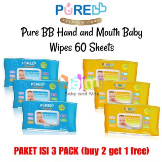 (Contenido de paquete 3) PUREBB Pure BB Baby toallitas de mano y boca 60 hojas bebé tejido húmedo boca de mano