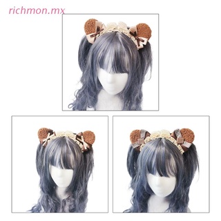 richmo Women Plush Bear Headbands Lolita Animal Ears Lace Bows Headdress Furry Anime for Christmas Cosplay Accessories