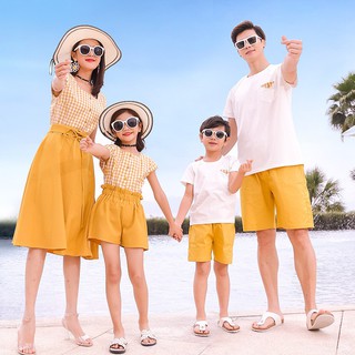 Ropa de hijo vestido +pantalones cortos playa ROCKYSTUDIO coincidencia de trajes de algodón parejas de la familia de la hija de la playa de coincidencia papá T-shir
