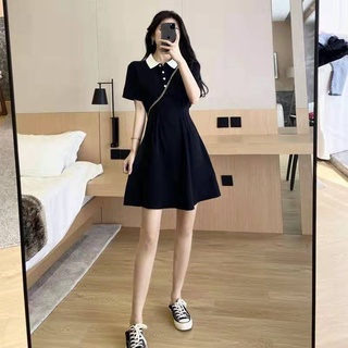 Summer Women's New Retro Polo-Collar Black Dress Waist Slimming Short Sleeve Women's Clothing (4)