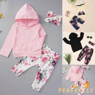 PFT7-ZZ Baby Outfit Set, sudadera con capucha de manga larga frontal de bolsillo grande, pantalones largos estampados florales, banda para el pelo de lazo