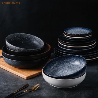 Discos de platos de cerámica de estilo japonés, platos domésticos de plato plano, vajilla, juego de tazones y platos, plato de carne, plato de arroz, plato de sushi