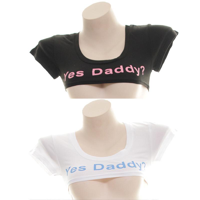 Alta Mujer Cosplay Sexy Lencería Fondo Camisa YES DADDY Super Corta Tentación Algodón Manga Camiseta Moda