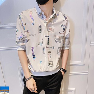 [en stock] camisa de verano de los hombres de impresión delgada camiseta de manga corta de los hombres de tendencia de cinco puntos de manga camisa de los hombres de la camisa de manga