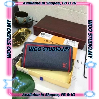 lv_plain patrón unisex pareja cuero azul oscuro cartera larga con rayas rojas + caja gratis (rp90-0)