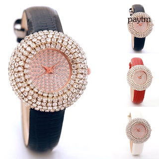 [pm] Reloj de pulsera de cuarzo con pedrería redonda de lujo con correa de cuero sintético para mujer