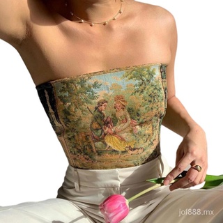 JCFS Productos contado nvz Mujeres Sexy Sin Tirantes Bustier Crop Top Retro Europeo Pintura Corsé Bandeau Criss Cross Lace-Up Estética Tubo