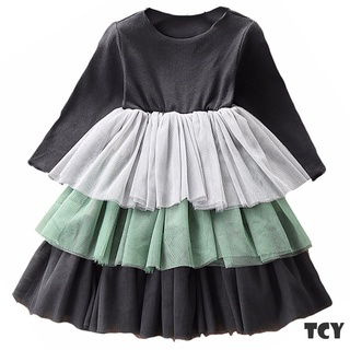 Baby Girl Dress Multi-Layers Mesh Round Neck Long Sleeve Clothes for Toddlers Kids Children Outfits