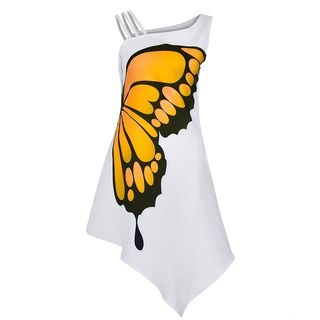 Women Casual Butterfly Print Sleeveless Loose Irregularity Dress Mini Dress