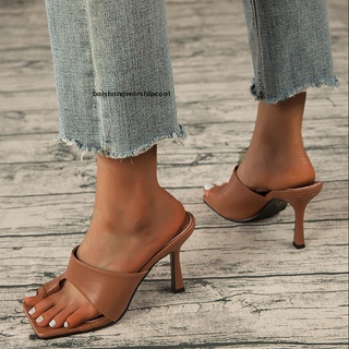 [baishangworshipcool] Womens Toe Ring Heeled Flip Flops Slip On Backless Mules Dress Shoes New Stock (7)