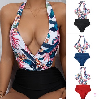 Women One-piece Swimsuit Deep V Halter Neck Beach Bikini Padded Bathing Suit with Plants Printed for Summer