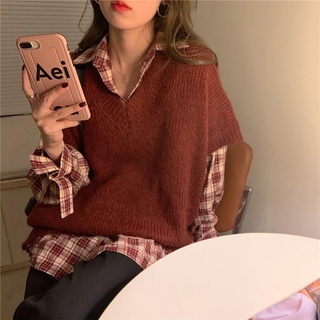 Traje de dos piezas/Chica de temperamento Simple de una sola pieza2021Primavera y otoño estilo coreano suéter suelto chaleco camisa a cuadros (2)