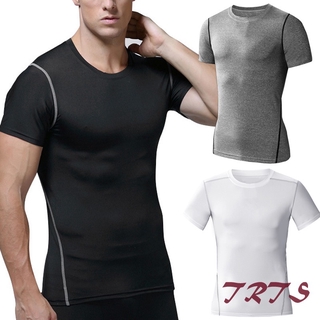 Camiseta de compresión de hombre manga corta cuello redondo de secado rápido transpirable para deportes correr (2)