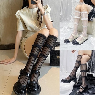 beibeitongbao mujeres verano delgado sedoso rodilla calcetines altos japonés lolita kawaii 3 niveles volantes encaje glitter rayas harajuku estudiante medias de malla hosiery (1)