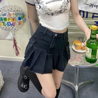liu*Falda de mezclilla plisada para mujer de verano, la nueva versión coreana de la cintura alta era delgada y combinada con una pequeña falda a la cadera