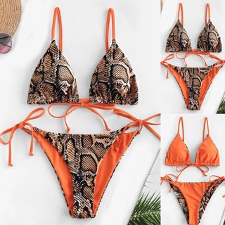Women's Sexy Snakeskin Print Lace Up High Cut Leg Bikini Set Two Piece Swimsuit