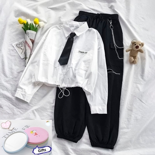 2pcs Nuevo Estilo Coreano casual Conjunto Desgaste Suelto Camisa De Manga Larga + Cintura Alta Cordón Pantalones Traje