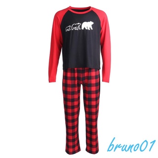 ☾Lm♠Padre-hijo de navidad pijamas traje, cuello redondo camiseta + cuadros pantalones largos/Patchwork body (1)