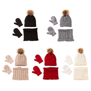 wit invierno caliente bebé color sólido sombrero guantes bufanda conjunto de piel bola gorros gorra manopla bufandas kit para niños niñas niños