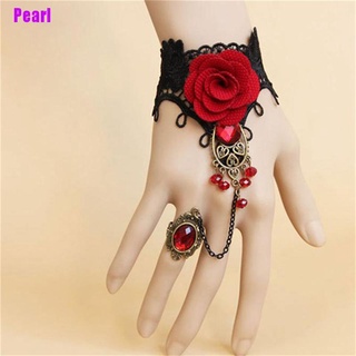 [Pearl] Nuevo brazalete de encaje estilo gótico elegante rosa roja con anillo de dedo ajustable