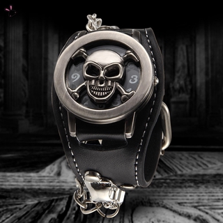 Precioso reloj de pulsera de cuarzo estilo Punk con tapa de calavera con correa de remache para hombre ~ (1)
