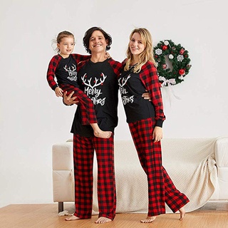 navidad familia coincidencia de ropa trajes madre hija papá hijo bebé niños alce impresión a cuadros traje para la familia casa pijamas conjunto (3)