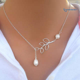 [Cheese] Women Fashion Hollow Leaf Faux Pearl Pendant Clavicle Chain Necklace Jewelry