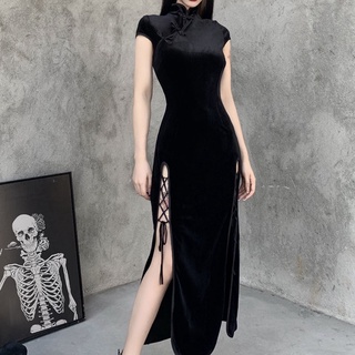 thaknsgiv moda gótico chino cheongsam bodycon vestido vintage split vestido