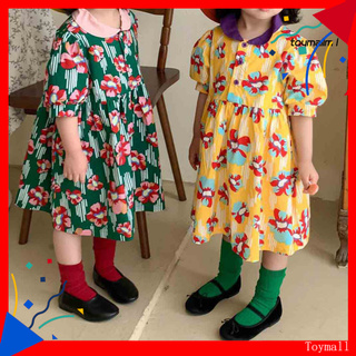 toymall Girls Dress Turndown Collar Color Contrast Casual Kids Vintage Floral Print Dress for Hiking
